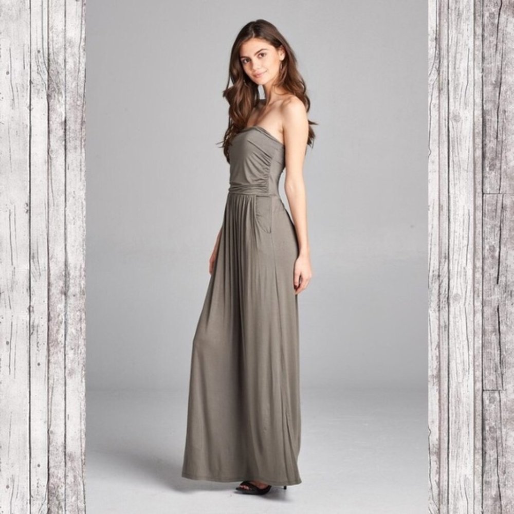 Olive Green Strapless Tube Maxi Dress Size L - Picture 2 of 6